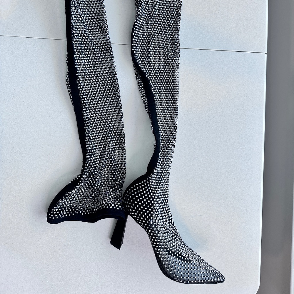 Steve Madden Sheer Black Rhinestone Heeled Boots